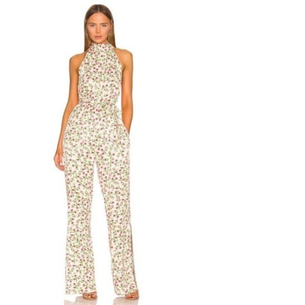 Something Navy Silky Floral Halter Jumpsuit Cream Multi Revolve